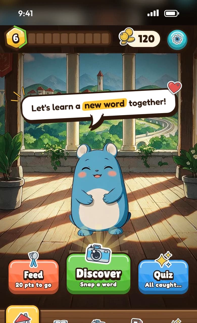 The Memphys app: Yalmi at home, level 6 with 120 points, saying “Let’s learn a new word together!”